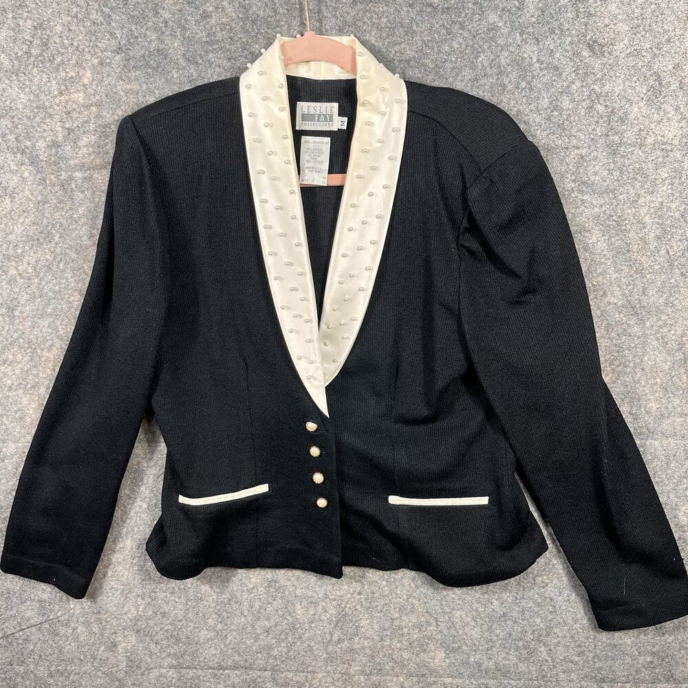 Vintage Leslie‎ Fay Knit Blazer Size 14 Black Ivory Pearl Satin Collar USA